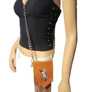 Beaded Horse Brown Elk Hide Leather Fringe Pouch Western Ride Equestrian